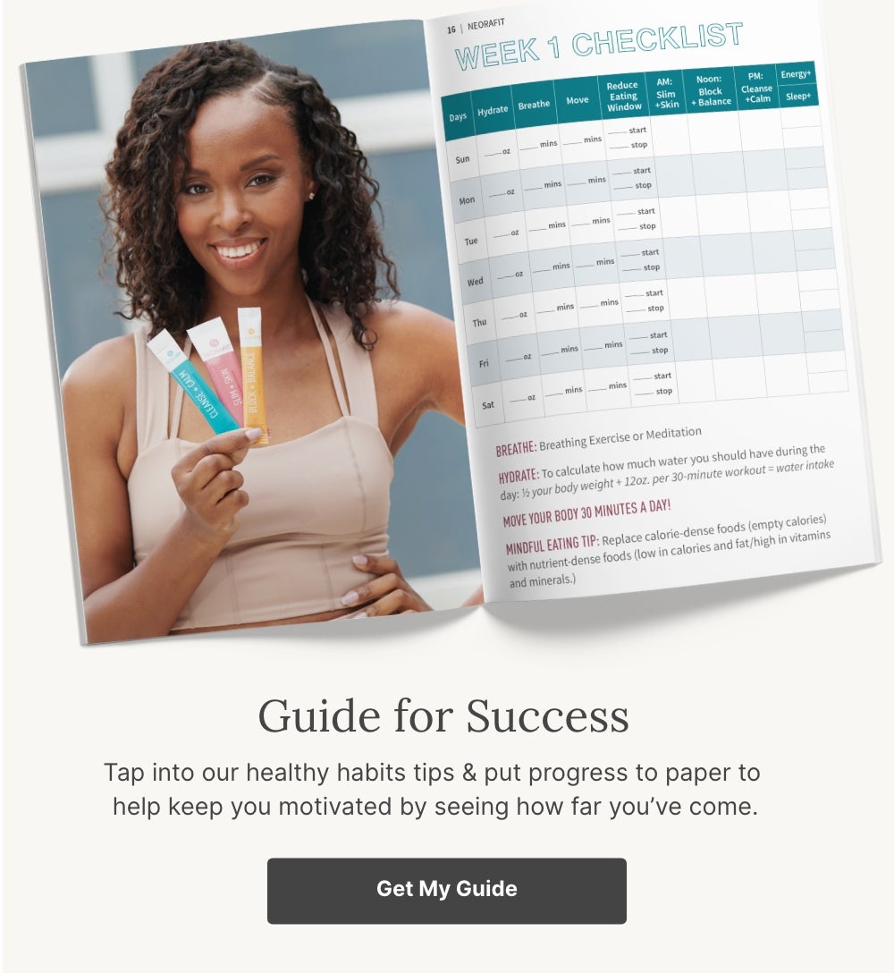 A booklet opened to an example page of what to expect in the NeoraFit™ Guide. Accompanying text mentions documenting progress and reading about healthy habit tips to stay motivated.